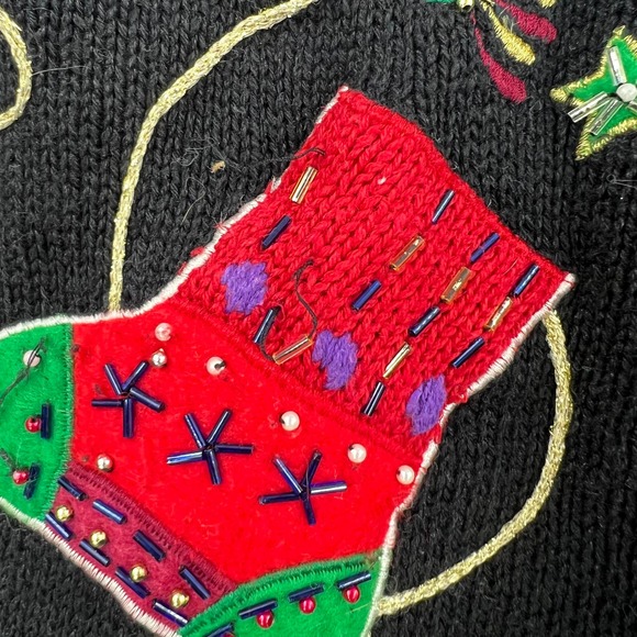 Vintage Embroidered Beaded Stocking Ugly Christmas Sweater Cardigan Medium - Picture 7 of 7